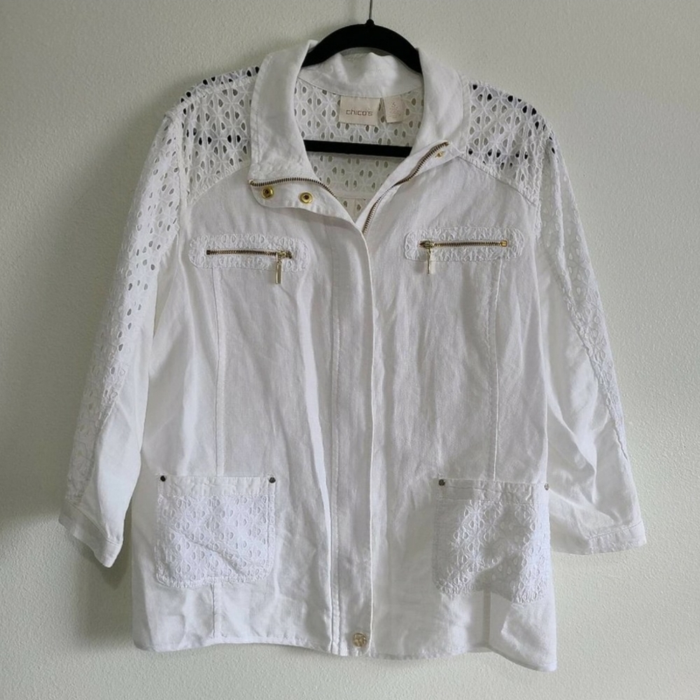 Chico's alabaster Linen Eyelet 3/4 Sleeve Jacket L - Picture 3 of 13